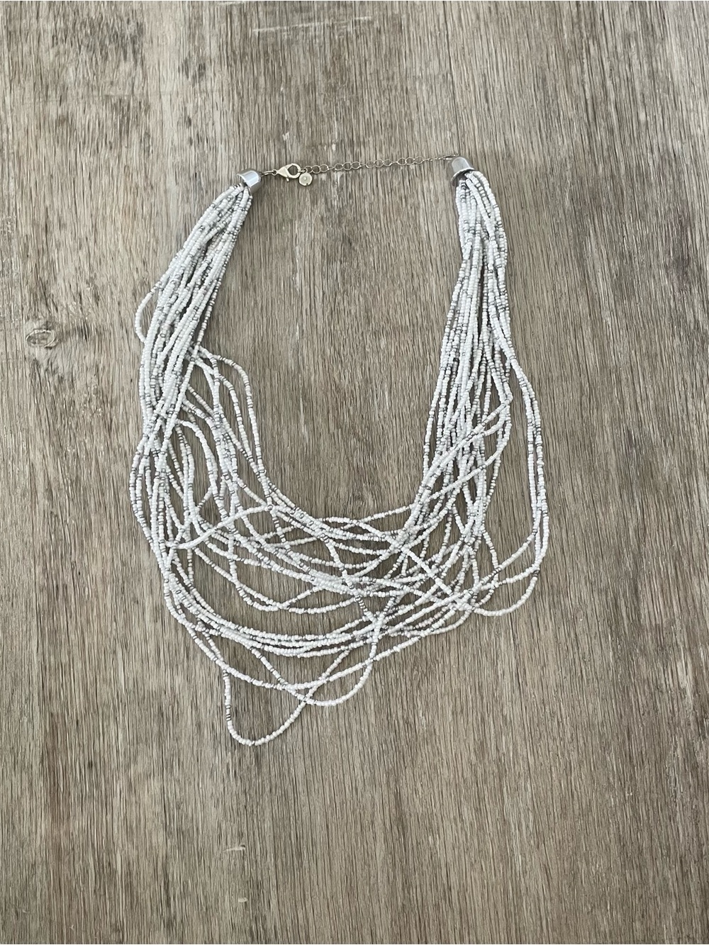 White & Silver Seed Bead Multi-Strand Statement Necklace – Layered Bib Style